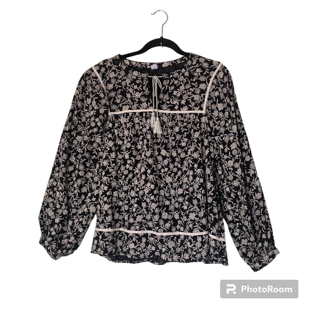 Old Navy Womens Blouse Top M Floral Boho Peasant Puff Long Sleeve Black Beige